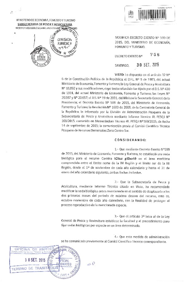 Dec. Ex. N° 758-2015 Modifica Dec. Ex. Nº 599-2015 Establece Veda Biológica para el recurso Corvina, XV-XII Regiones. (F.D.O. 05-10-2015)