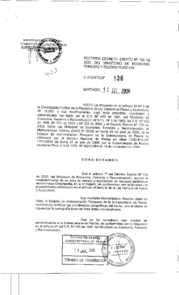 Dec. Ex. N° 836-2006 Rectifica Dec. Ex. N° 730-2003 Chepiquilla, IV Región.