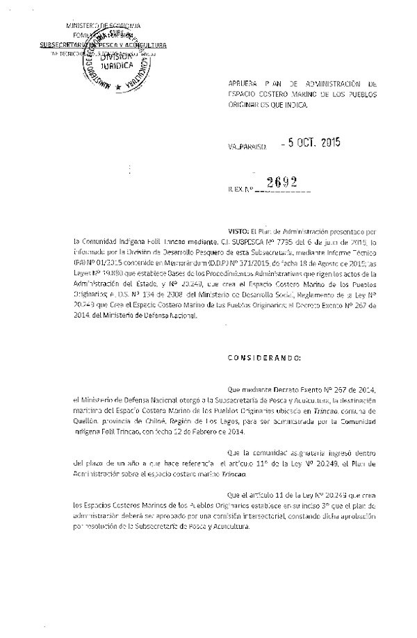 Res. Ex. N° 2692-2015 Abrueba Plan de Administración de Espacio Costero Marino de Los Pueblos Originarios que Indica.