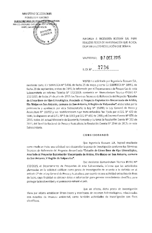 Res. Ex. N° 2736-2015 Estudio de línea base de tipo limnológica, comuna de San Antonio, V Región de Valparaíso.