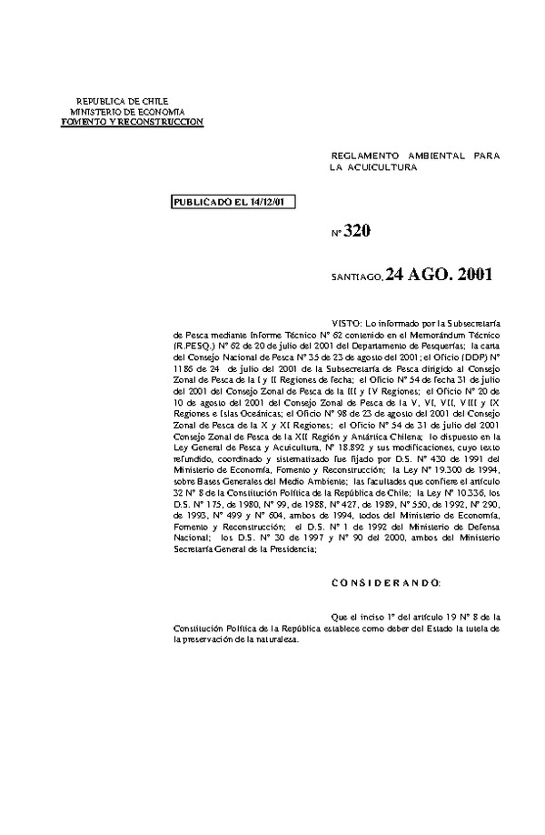 D.S. N° 320-2001 Reglamento Ambiental para la Acuicultura. (Actualizado D.S. Nº 45-2021)