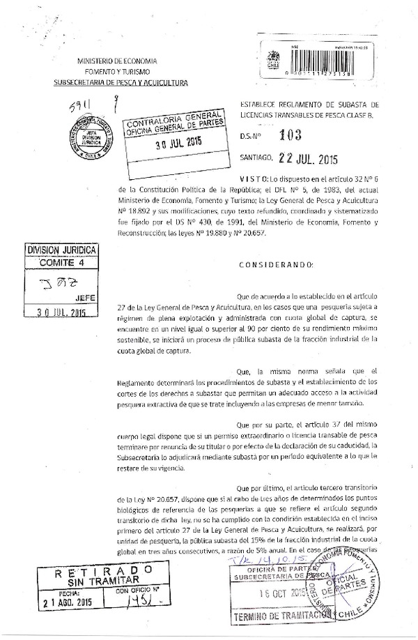 D.S. N° 103-2015 Establece Reglamento de Subasta de Licencias Transables de Pesca Clase B. (F.D.O. 21-10-2015)