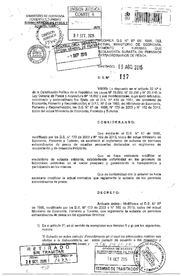 D.S.Nº 117-2015 Modifica D.S. Nº 97-1996 Que Reglamenta la Subasta de Permisos Extraordinarios de Pesca. (F.D.O. 21-10-2015)