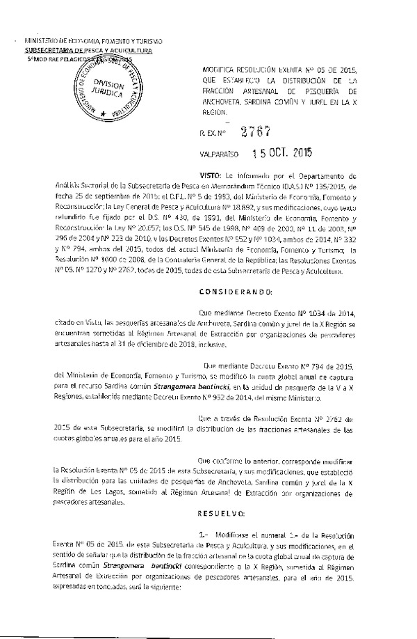 Res. Ex. N° 2767-2015 Modifica Res. Ex. N° 5-2015 Distribución de la Fracción Artesanal de Pesquería de Anchoveta, Sardina común y Jurel en la X Región. (F.D.O. 21-10-2015)
