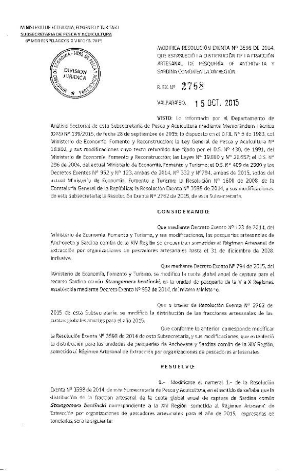 Res. Ex. N° 2768-2015 Modifica Res. Ex. N° 3598-2014 Distribución de la Fracción Artesanal de la Cuota Anual de Captura Anchoveta y Sardina Común, XIV Región. (F.D.O. 21-10-2015)