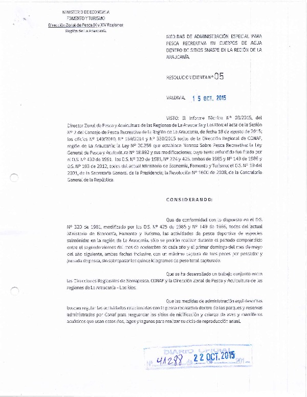 Res. Ex. N° 5-2015 Medidas de Administración Especial para Pesca Recreativa en Cuerpos de Agua Dentro de Sitios Snaspe en la Región de la Araucanía. (F.D.O. 22-10-2015)