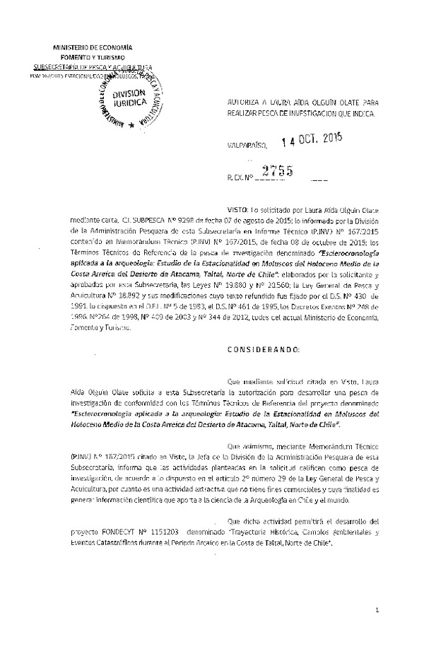 Res. Ex. N° 2755-2015 Esclerocronología aplicada a la arqueología. Estudio de estacionalidad en moluscos.