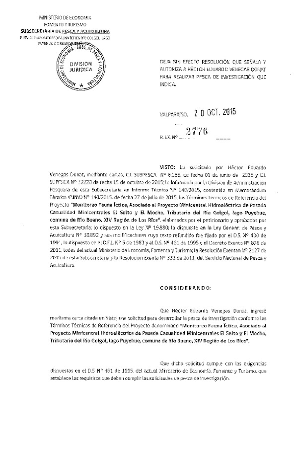 Res. Ex. N° 2776-2015 Monitoreo fauna íctica río Golgol, lago Puyehue, comuna e Río Bueno, XIV Región de Los Ríos.