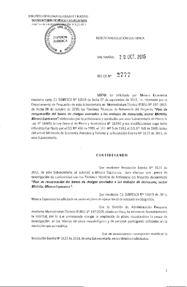 Res. Ex. N° 2777-2015 Modifica Res. Ex. N° 3123-2011 Plan de recuperación del banco de cholgas.