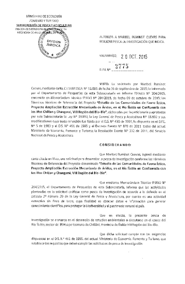 Res. Ex. N° 2775-2015 Estudio de las comuniddaes de fauna íctica, VIII Región del Biobio.