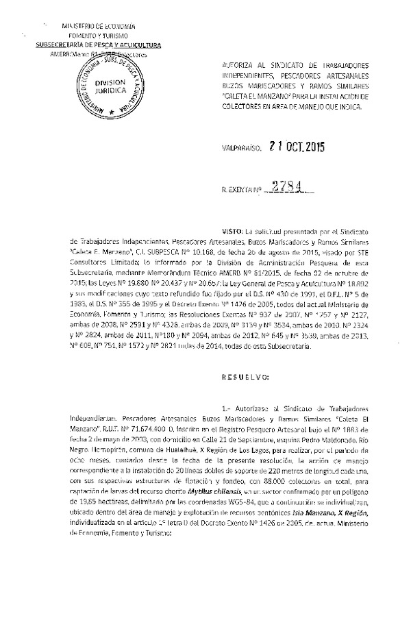 Res. Ex. N° 2784-2015 INSTALACION DE COLECTORES.