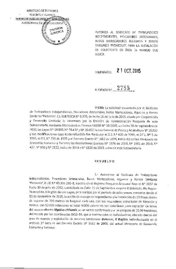 Res. Ex. N° 2785-2015 INSTALACION DE COLECTORES.