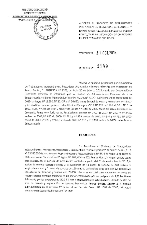 Res. Ex. N° 2789-2015 INSTALACION DE COLECTORES.