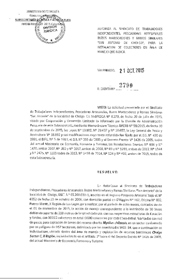 Res. Ex. N° 2790-2015 INSTALACION DE COLECTORES.
