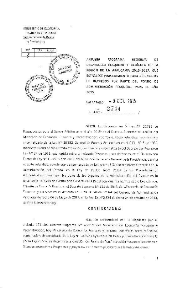 Res. Ex. N° 2744-2015 Aprueba programa regional de desarrollo pesquero y acuicola de la región de la Araucanía 2015-2017.