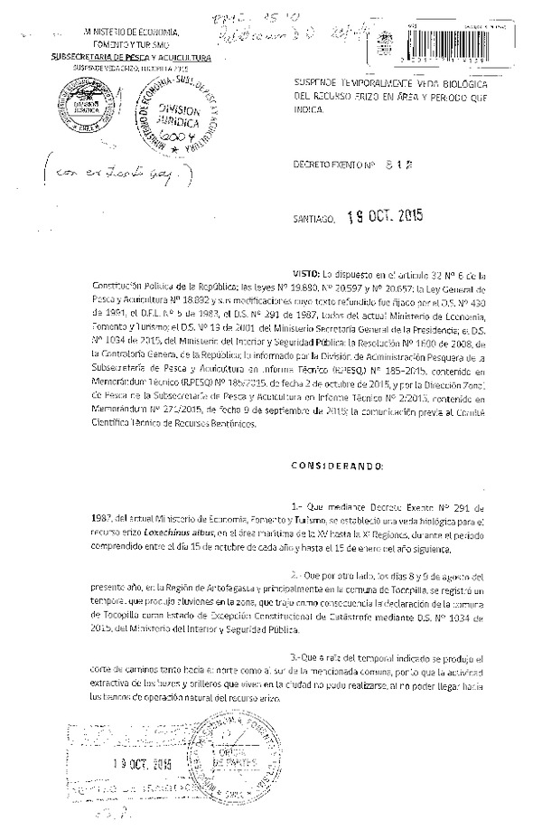 Dec Ex. Nº 812-2015 Suspende Temporalmente Veda Biológica recurso Erizo II Región de Antofagasta. (F.D.O. 23-10-2015)