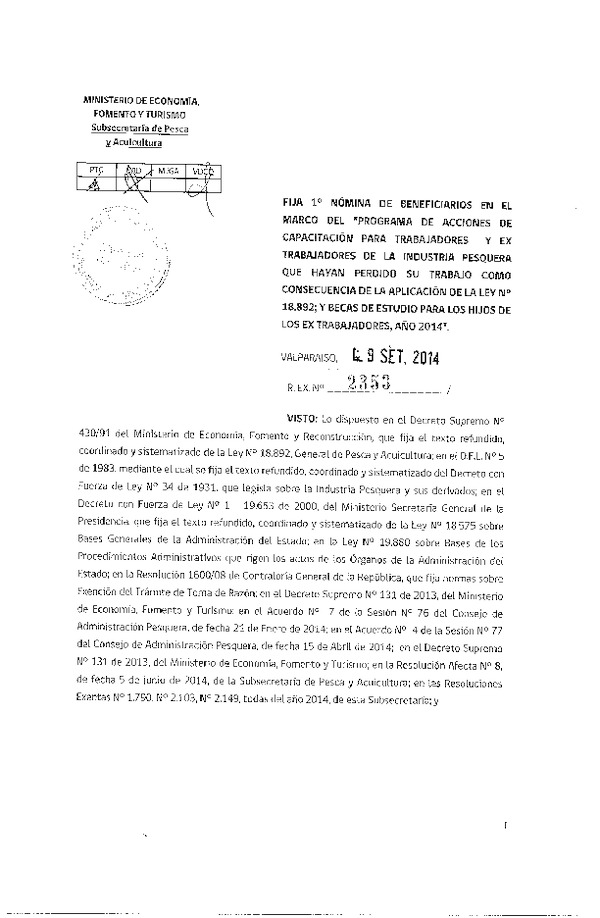 Res. Ex. N° 2353-2014 Fija 1° Nómina de Beneficiarios en el marco del "Programa de acciones de capacitación para trabajadores y ex trabajadores de la industria pesquera.