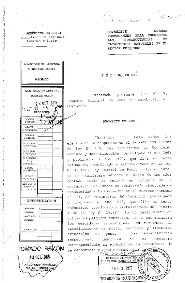 Ley N° 20.872 Establece Normas Permanentes para Enfrentar las Consecuencias de Catástrofes Naturales en el Sector Pesquero. (F.D.O. 28-10-2015)