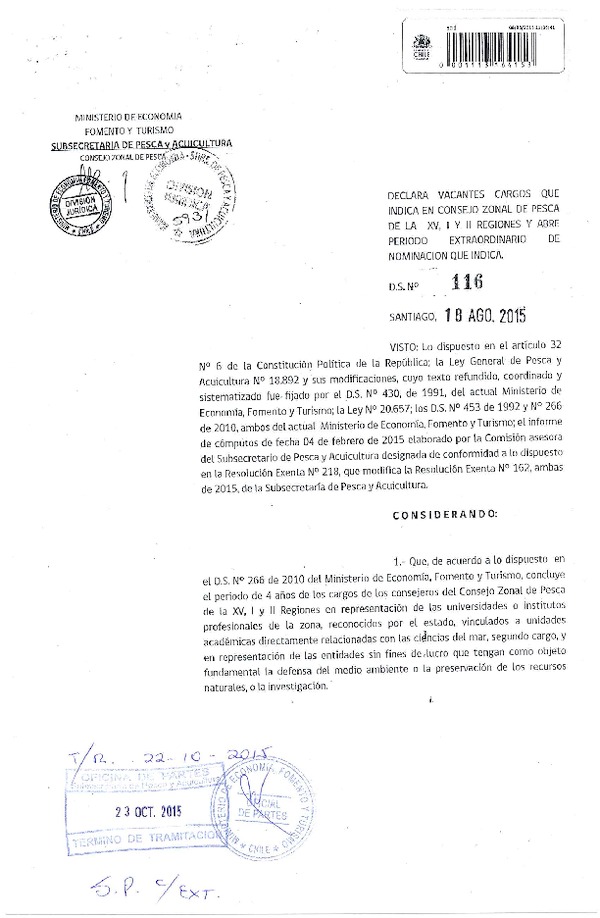 D.S. N° 116-2015 Declara Vacante Cargo que Indica en Consejo Zonal de Pesca de la XV-I-II Región. (F.D.O. 29-10-2015)