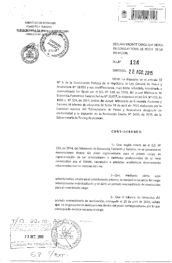 D.S. N° 126-2015 Declara Vacante Cargo que Indica en Consejo Zonal de Pesca de la VIII Región. (F.D.O. 29-10-2015)