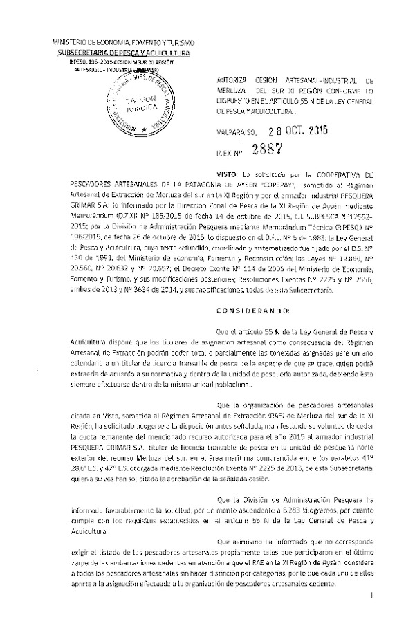 Res. Ex. N° 2887-2015 Autoriza cesión Merluza del sur, XI Región