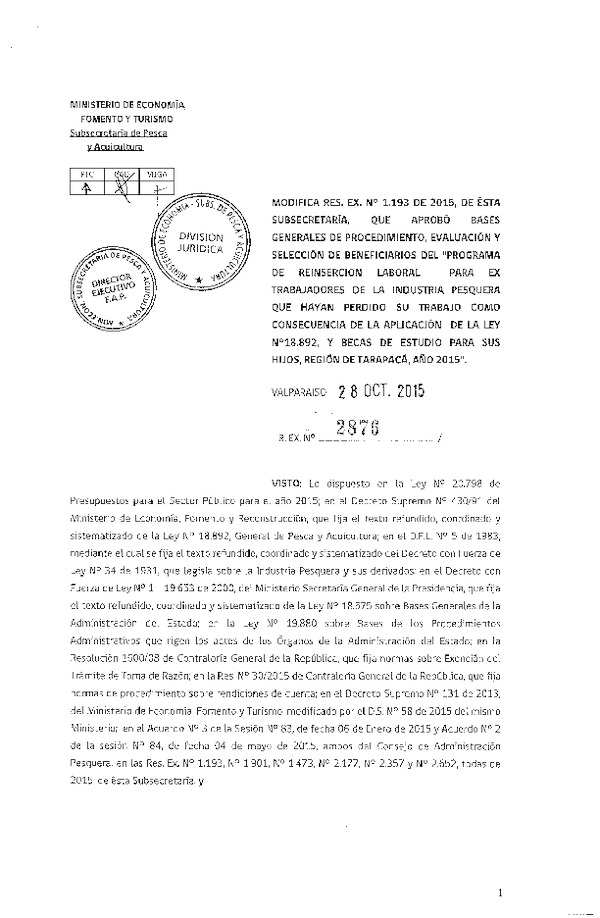 Res. Ex. N° 2876-2015 Modifica Res. Ex. N° 1193-2015 Aprueba bases generales de procedimiento, evaluación y selección de beneficiarios del "Programa de reinserción laboral para ex trabajadores de la industria pesquera, Región de Tarapacá, año 2015