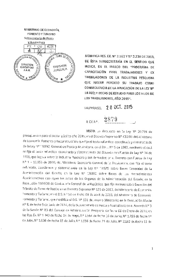 Res. Ex. N° 2879-2015 Modifica Res. Ex. N° 2136-2015 Aprueba bases generales de procedimiento, evaluación y selección de beneficiarios "Programa de monitoreo del recurso pesquero merluza común y otros. IV, V, VI, VII y VIII Regiones.