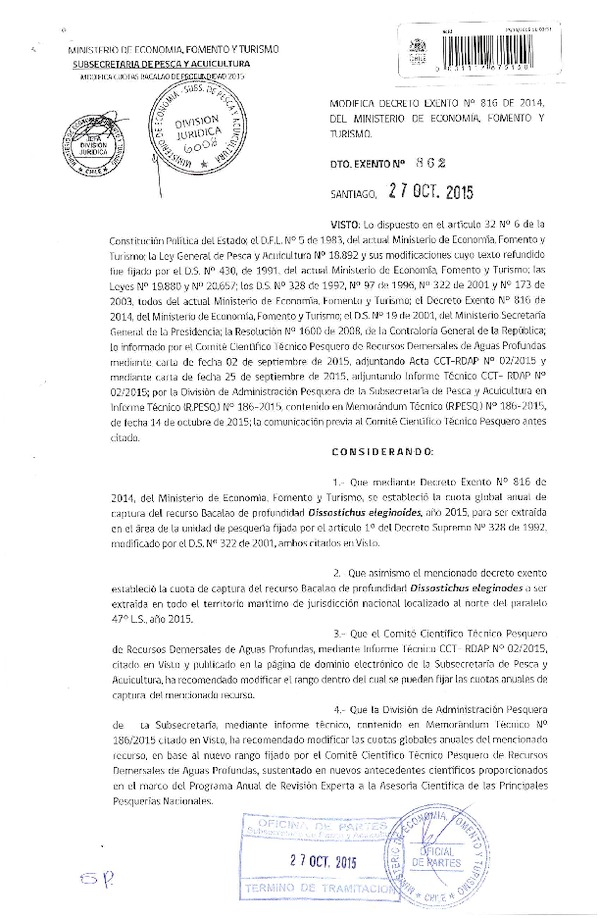 Dec. Ex. N° 862-2015 Modifica Dec. Ex. Nº 816-2014, Establece Cuota Anual de Captura recurso Bacalao de Profundidad al Norte del Paralelo 47º L.S. año 2015. (F.D.O. 30-10-2015)