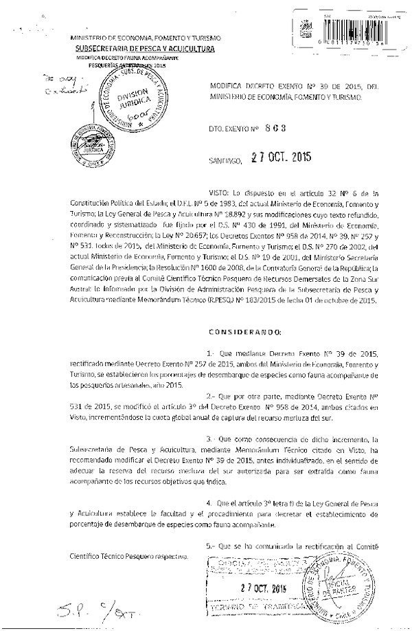 Dec. Ex. N° 863-2015 Rectifica Dec. Ex Nº 39-2015 Establece Porcentaje de desembarque de especies como Fauna acompañante de Recursos que indica, año 2015. (F.D.O. 30-10-2015)