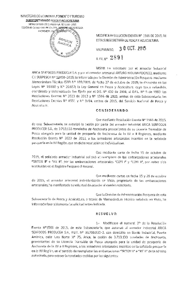 Res. Ex. N° 2891-2015 Modifica Res. Ex. N° 1566-2015 Autoriza cesión Anchoveta XV Región.