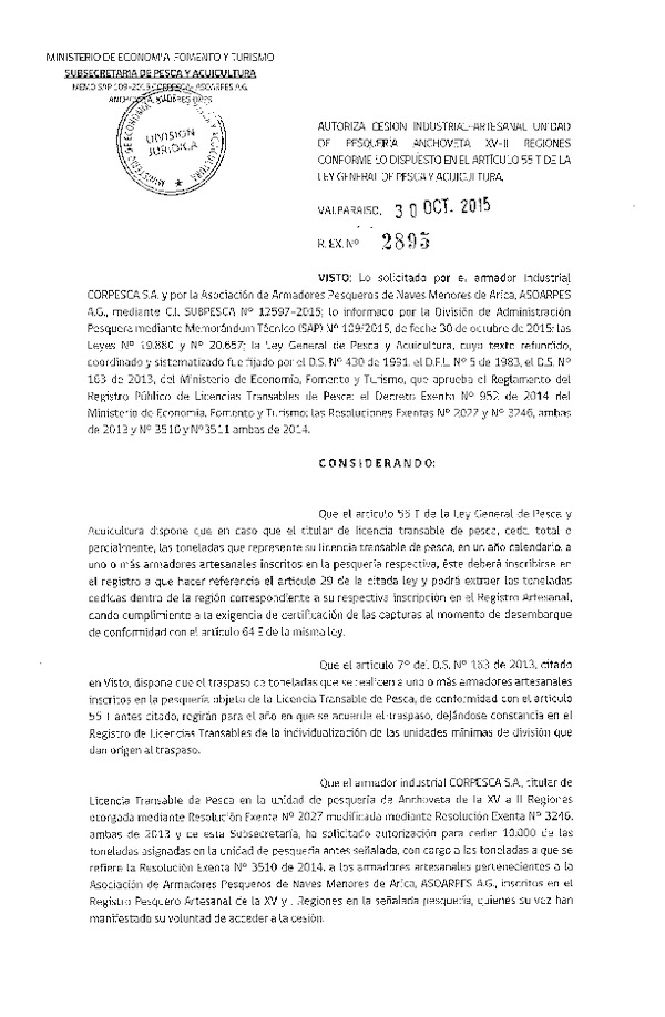 Res. Ex. N° 2895-2015 Autoriza cesión Anchoveta XV-II Regón.