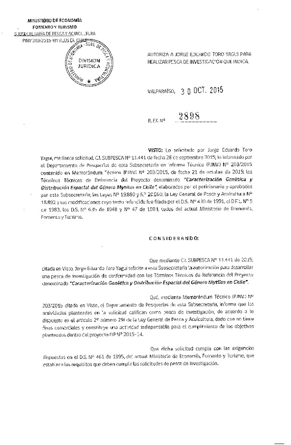 Res. Ex. N° 2898-2015 Caracterización genética y distribución espacial del género Mytilus en Chile.