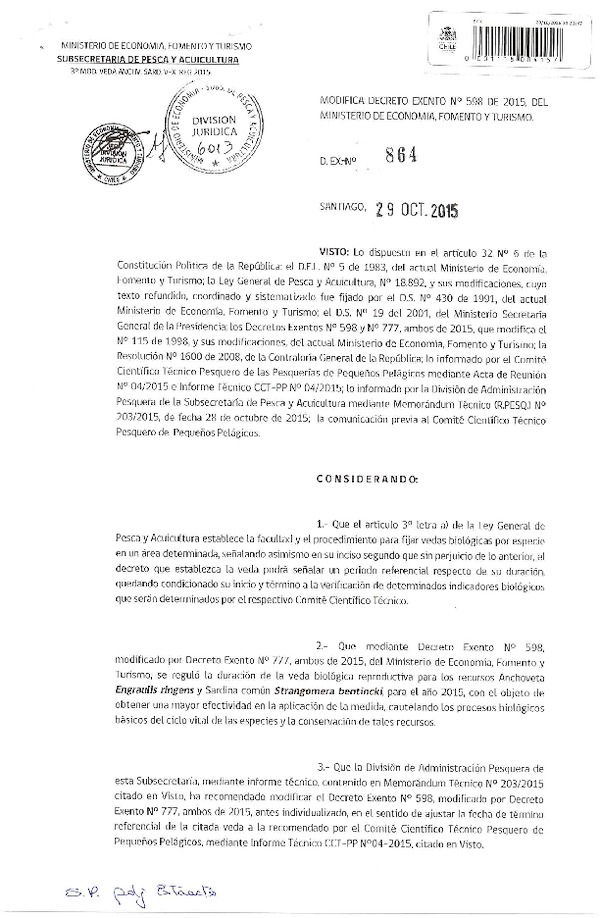 Dec. Ex. N° 864-2015 Modifica Dec. Ex. Nº 598-2015 Veda Biológica Anchoveta y Sardina común V-X Región. (F.D.O. 03-11-2015)