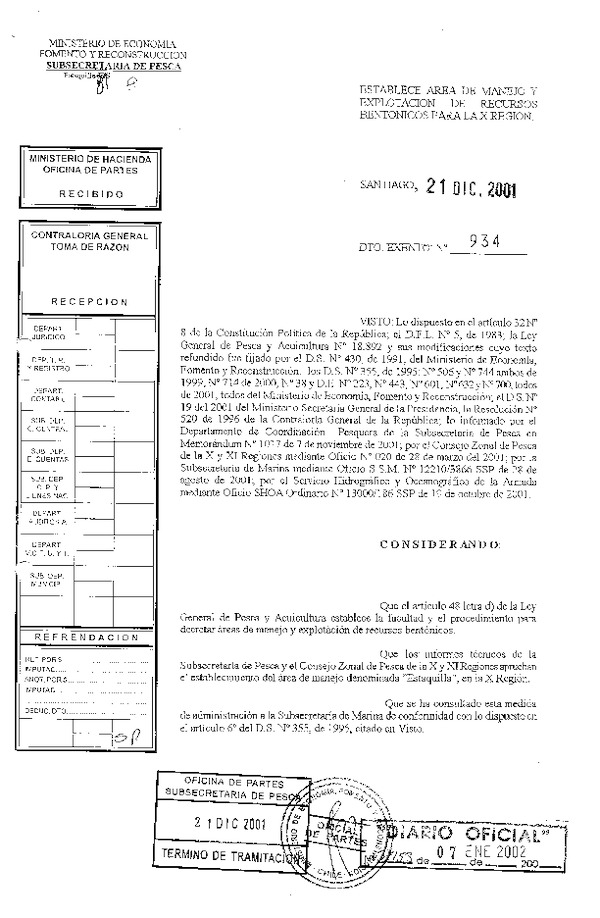 Dec. Ex. N° 934-2001 Establece Área de Manejo Estaquilla X Región.