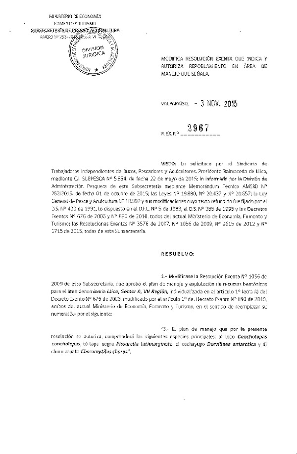 Res. Ex. N° 2967-2015 AUTORIZA REPOBLAMIENTO.