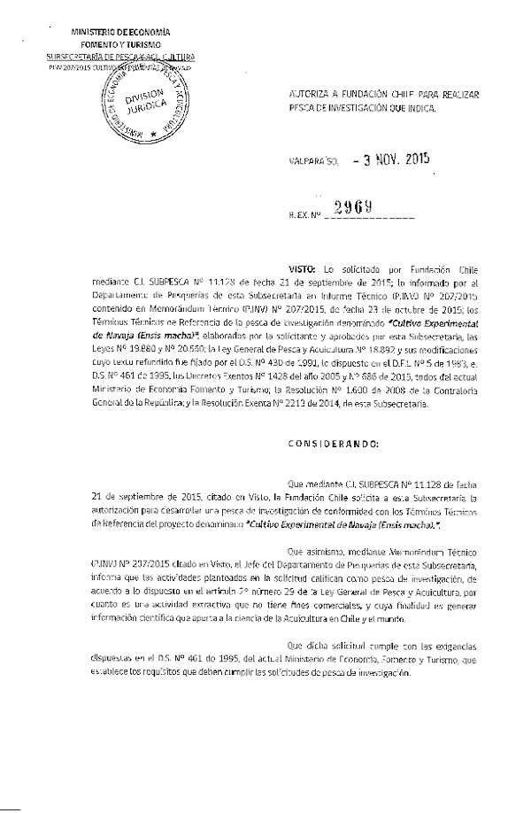 Res. Ex. N° 2969-2015 Cultivo experimental de Navaja (Ensis macha).