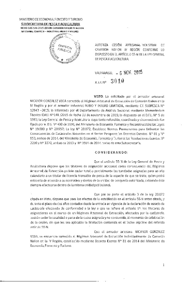 Res. Ex. N° 3010-2015 Autoriza cesión Camarón nailon, IV Regíón.
