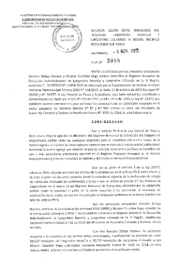 Res. Ex. N° 3008-2015 Autoriza cesión Langostino amarillo y Langostino colorado IV Regón.