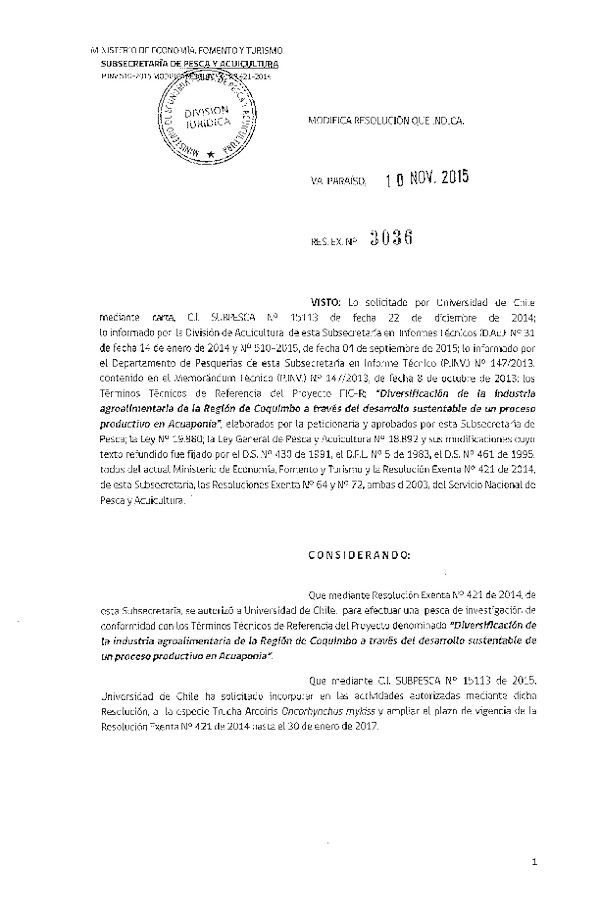 Res. Ex. N° 3036-2015 Modifica  Res. Ex. Nº 421-2014 Diversificación de la industria agroalimentaria de la Región de Coquimbo.