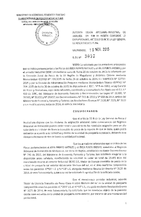 Res. Ex. N° 3037-2015 Autoriza cesión Merluza del sur XII Región.