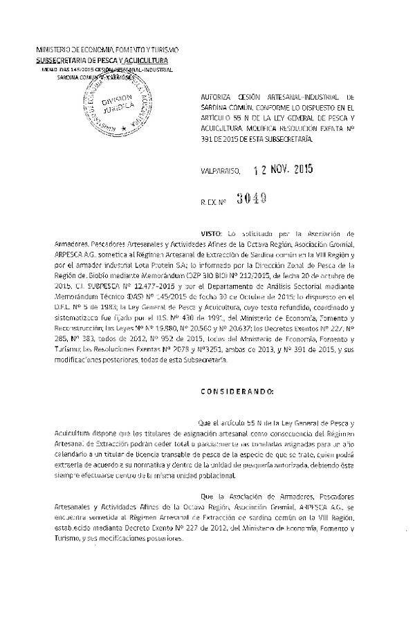 Res. Ex. N° 3049-2015 Autoriza cesión Sardina común VIII Región.