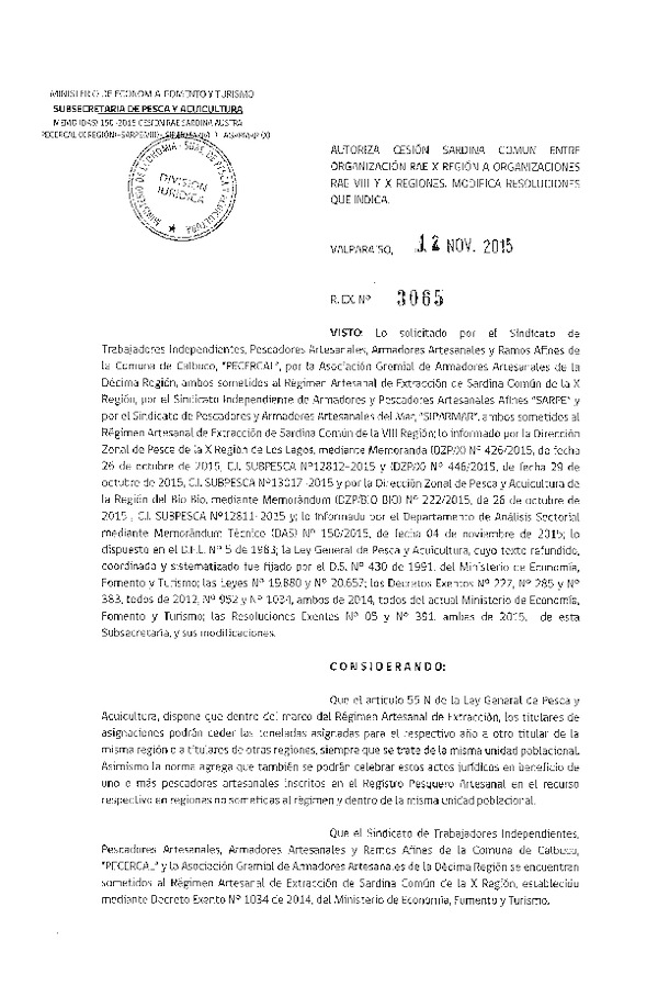 Res. Ex. N° 3065-2015 Autoriza Cesuón Sardina común, X a VIII Región.