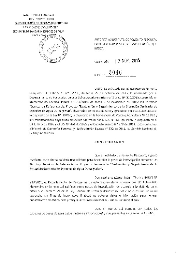 Res. Ex. N° 3046-2015 Evaluación y seguimiento de la situación sanitaria de especies de agua dulce y mar.