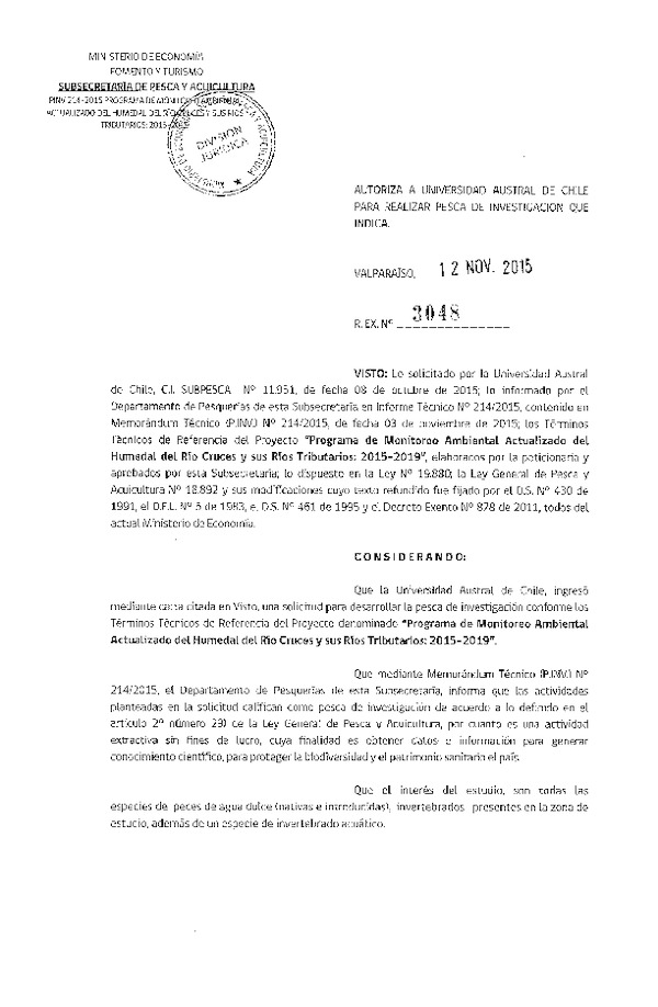 Res. Ex. N° 3048-2015 Programa de monitoreo ambiental actualizado del humedal del río Cruces.