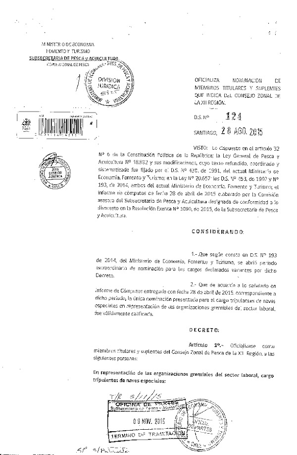 D.S. Nº 124-2015 Oficializa Nominación de Miembros Titulares y Suplentes que Indica del Consejo Zonal de Pesca XII Región que Indica. (F.D.O. 17-11-2015)