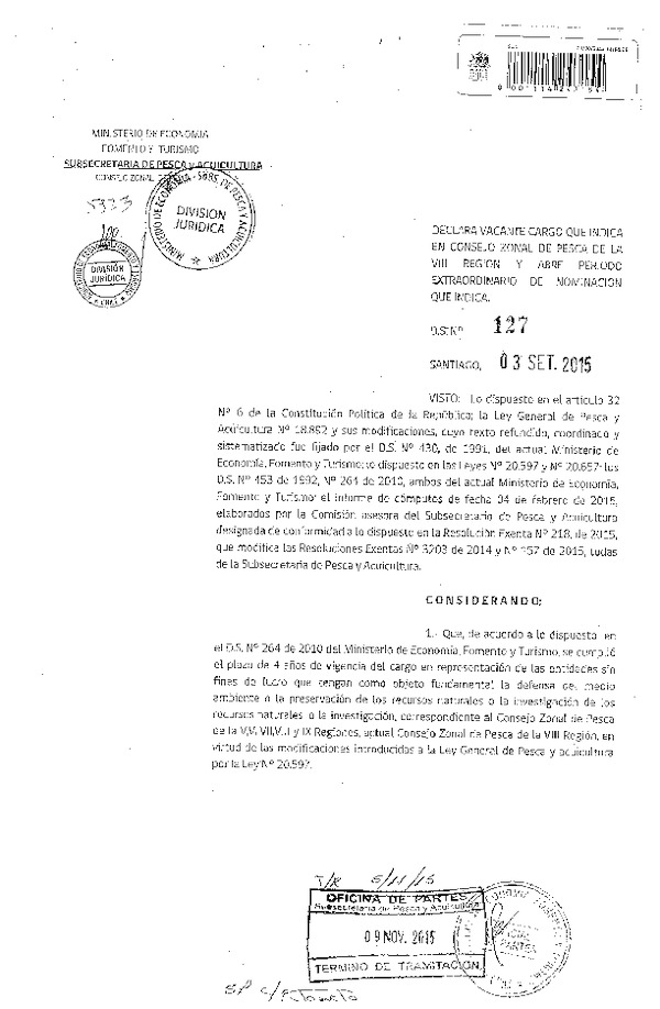 D.S. N° 127-2015 Declara Vacante en el Consejo Zonal de Pesca de la VIII Región el Cargo en Representación de la Entidades sin Fines de Lucro que Tengan Como Objeto fundamental la Defensa del Medio Ambiente. (F.D.O. 17-11-2015)