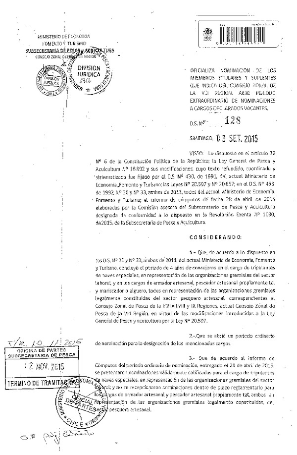 D.S. N° 128-2015 Oficializa Nominación delos Miembros Titulares y Suplentes del Consejo Zonal de Pesca de la VIII Región. Abre Período Extraordinario de Nominaciones para Cargos Declarados Vacantes. (F.D.O. 17-11-2015)