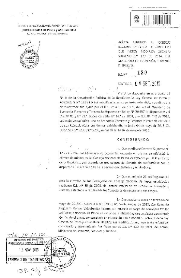 D.S. N° 130-2015 Acepta Renuncia al Consejo Nacional de Pesca. Modica D.S. N° 173-2015. (F.D.O. 17-11-2015)