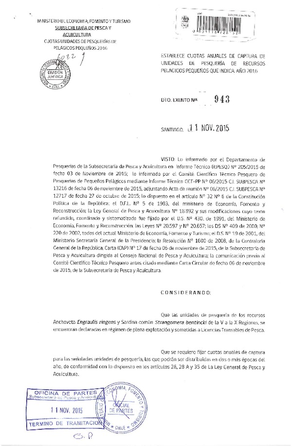 Dec. Ex. N° 943-2015 Establece Cuotas Anuales de Captura de Unidades de¨Pesquería de Recursos Pelágicos, Anchoveta y Sardina Común, Año 2016, V-X Región. (F.D.O. 17-11-2015)