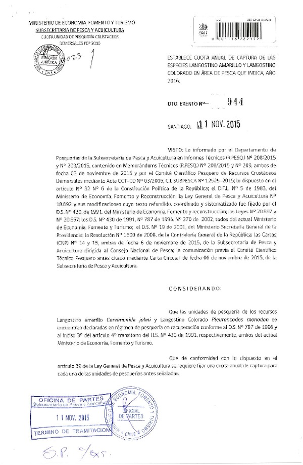 Dec. Ex. N° 944-2015 Establece Cuota Anual de Captura de las Especies Langostino Amarillo y Langostino Colorado, Año 2016. (F.D.O. 17-11-2015)